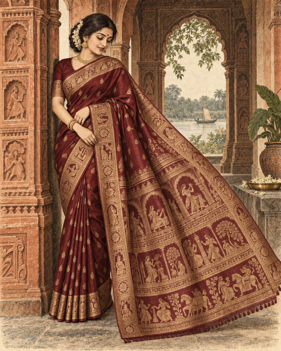 Illustrated drape view of deep olive Baluchari
