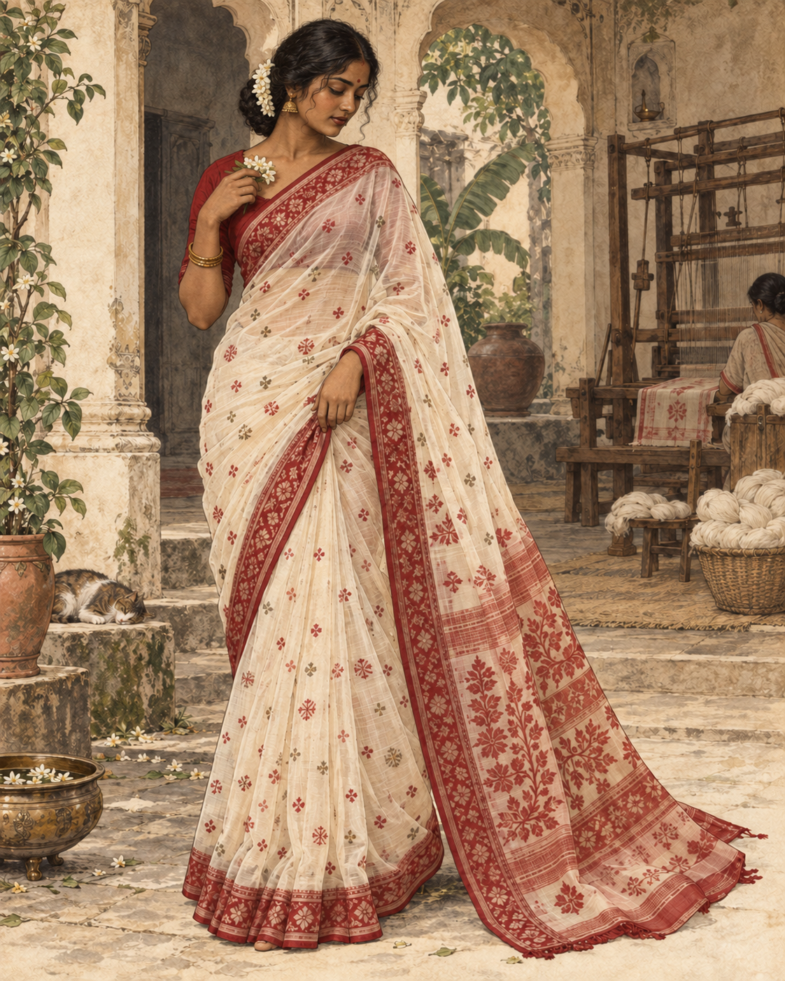 Illustrated woman wearing an ivory and red handwoven Jamdani saree