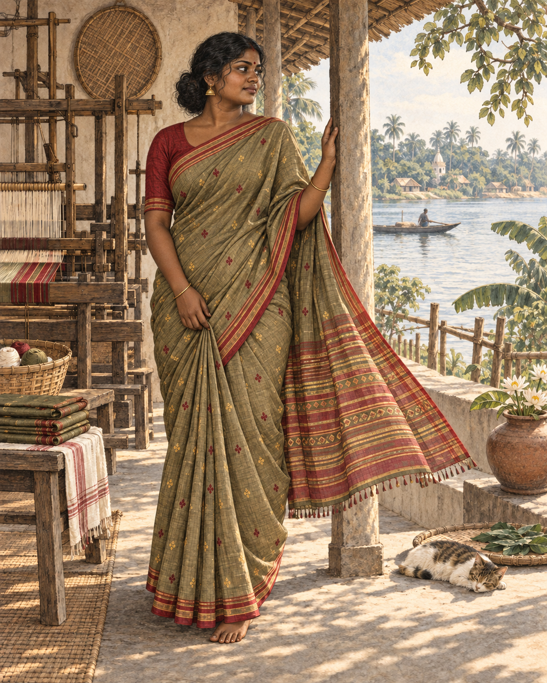 Illustrated woman in a Tangail saree beside a traditional loom