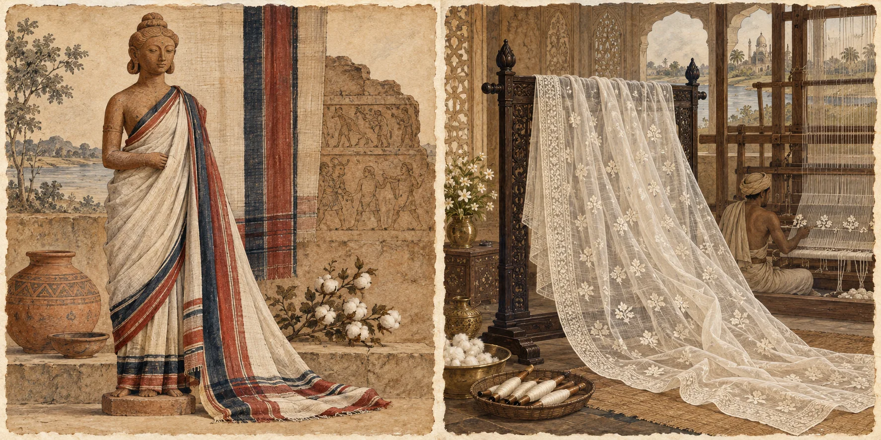 Hand-drawn interpretation of an early South Asian unstitched cotton drape