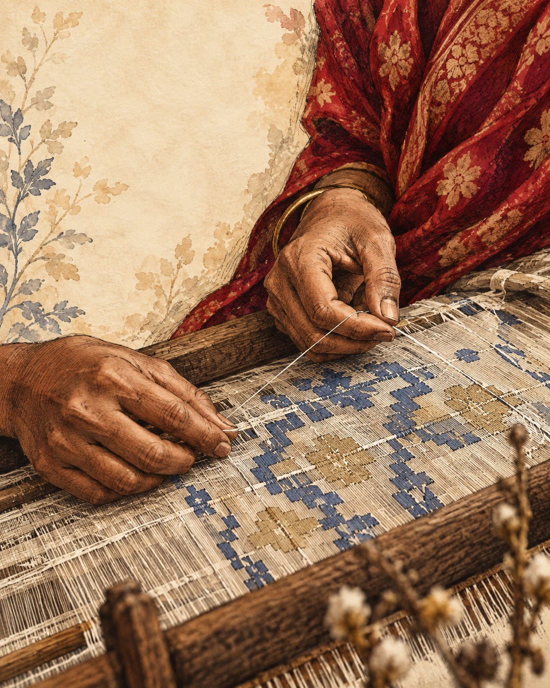 Hand-drawn close view of a Jamdani artisan weaving motifs by hand